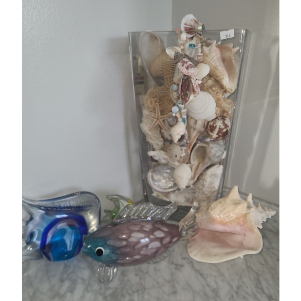 Glass Vase 16 T, Glass Fish, Seashells 