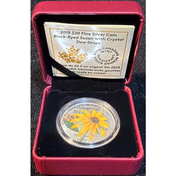 2015 $20 Black-Eyed Susan with Crystal Dew Drops Fine Silver Coin 31.39 Grams