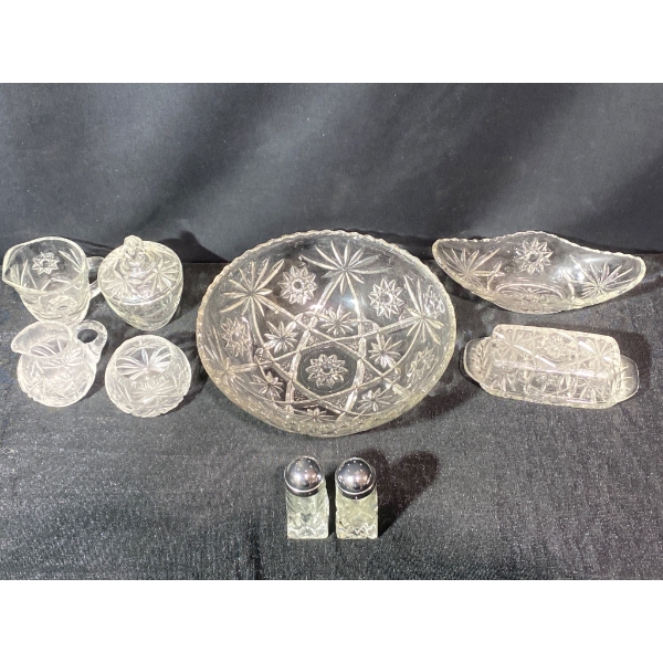 Pressed Glass Dishware and Accessories Set with Starburst Design (10 Pieces)