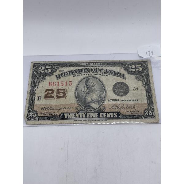 1923 25 Cent Dominion of Canada Banknote