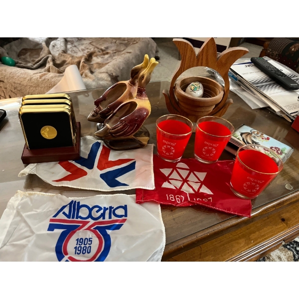 Expo 67 Montreal, Canada cups and flags Alberta 1980 flags HULL pottery, double duck ceramic jewelry