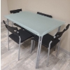 Image 1 : Frosted Glass Table 43 W, 30 D, 29 T and 4 Metal/ Plastic Chairs 16 W, 16 D, 30 T 