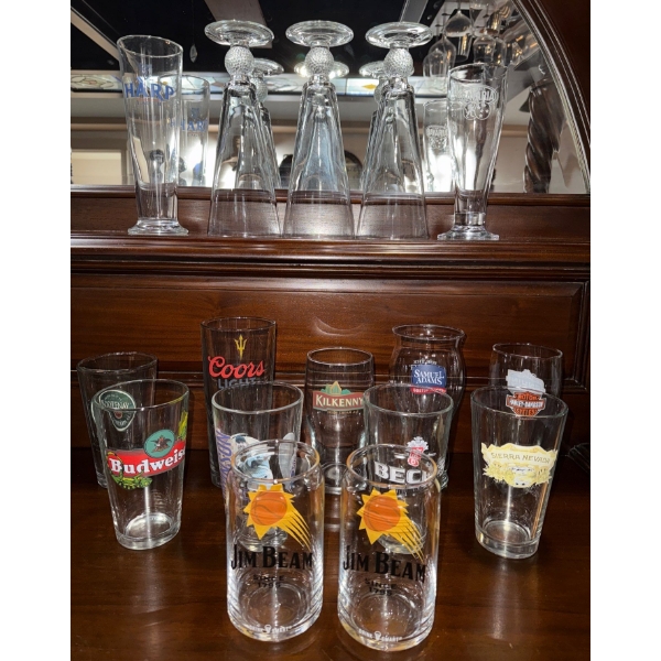 Assorted Barware-Coors Light, Budweiser, Jim Beam, Becks, Harley Davidson & More