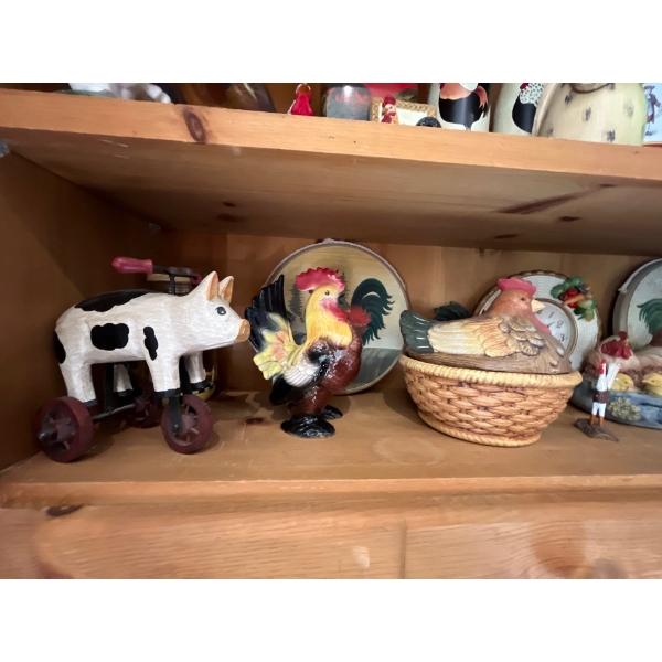 Collection of small roosters and other small collectibles, including rooster python and a rooster cl