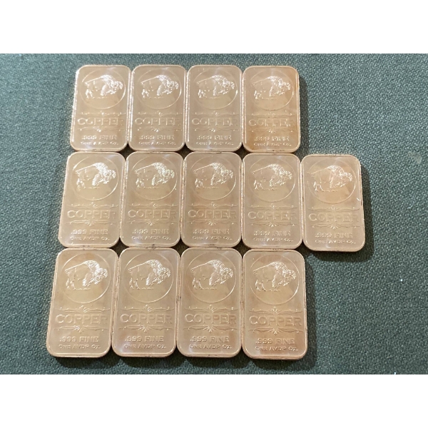 13 1 Ounce Copper Bullion Bars, .999 Fine