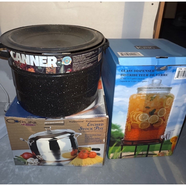 Canner Large Pot w/ Tools, Glass Dispenser In Box, Etched Stock Pot In Box 