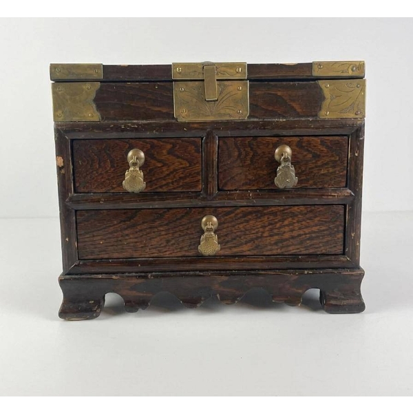 Wood Jewellery Chest with Brass Hardware and Mirror
