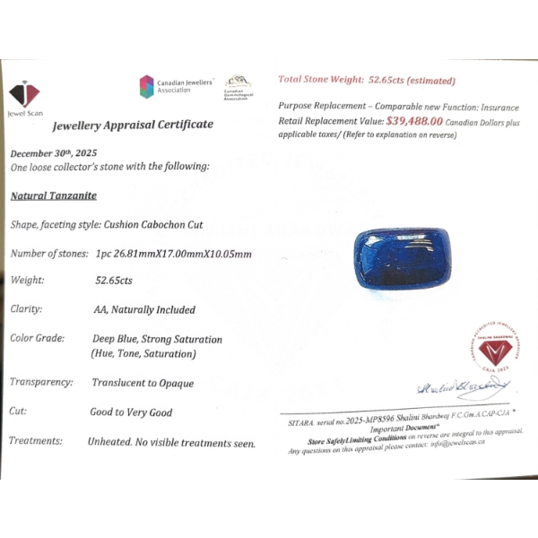 52.65 ct Certified Tanzanite gemstone ($39,488 Appraisal)