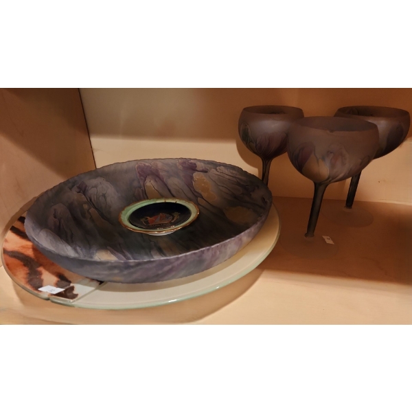 Blown Glass Plate 12 Diameter and 3 Matching Wine Glasses, Tiger Plate and Barbados Mini Plate 