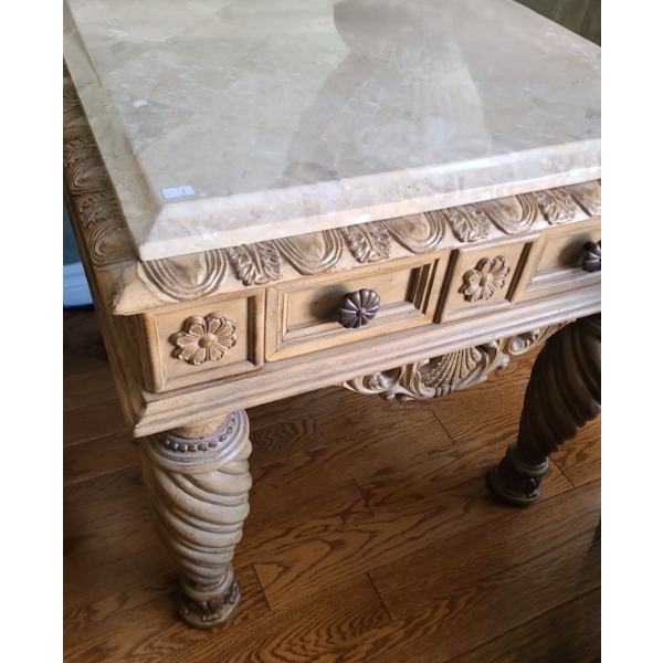 Wood and Marble Side Table 28 W, 28 D, 27 T 