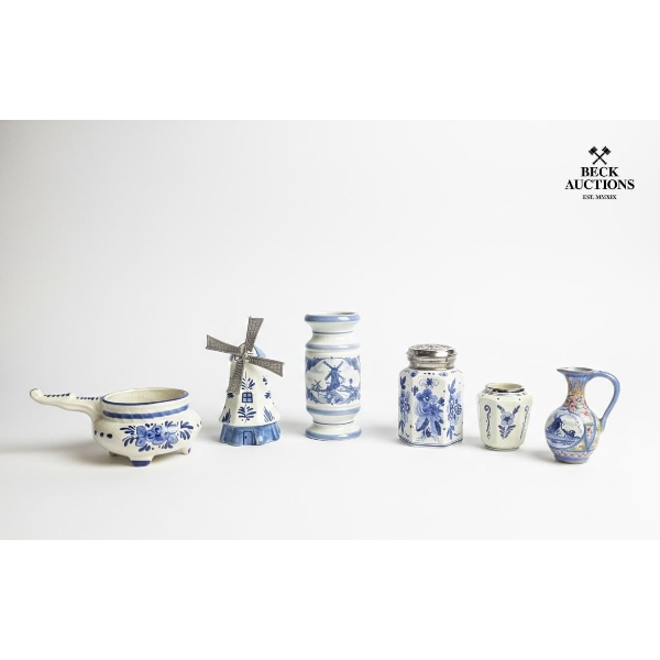  Collection Of Vintage Delft Blue Pottery Pieces ,  Windmill, A Handled Bowl , Vases.