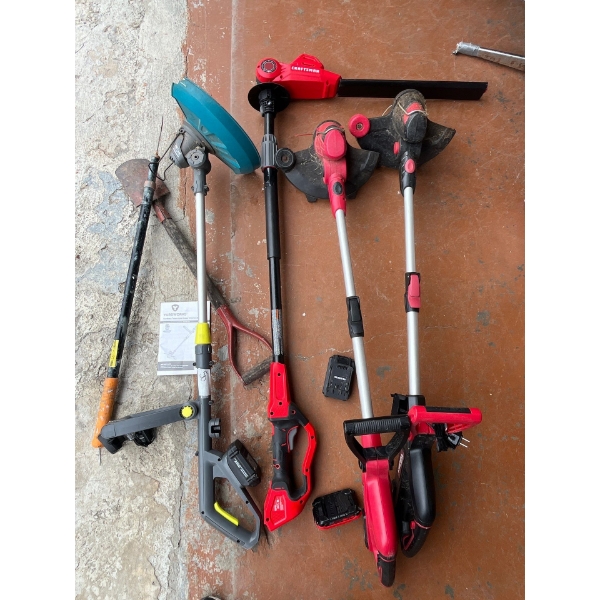 3 weed eaters with charger, and battery . One craftsman hedge trimmer, missing charger has battery.