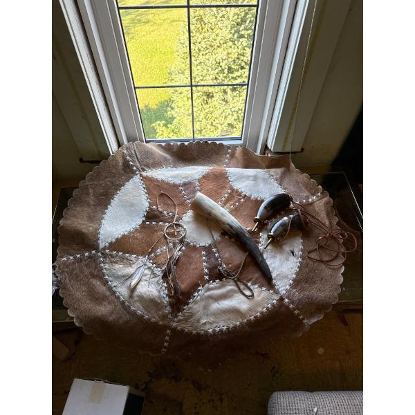 Cow Hide Wall Art with Powder Flasks and Hanging Medicine Wheel