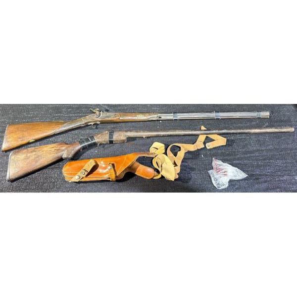 Vintage Breach Loaded Shotgun, Antique Muzzle Loaded Rifle & Leather Pistol Holster