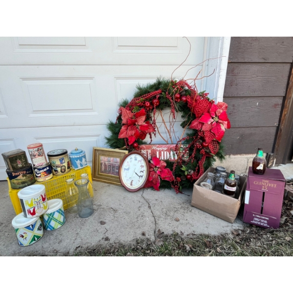 Huge Christmas wreath, adorable dog clock, vintage tins, bottles and jars. 