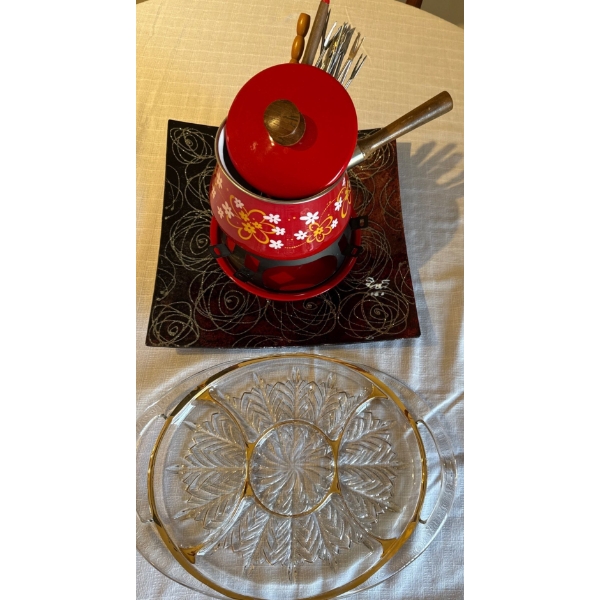 Vintage Fondue Set w/ Decorative Square Plate & More