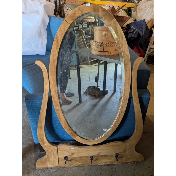 Wooden Oval Swivel Mirror with Hooks and Drawer