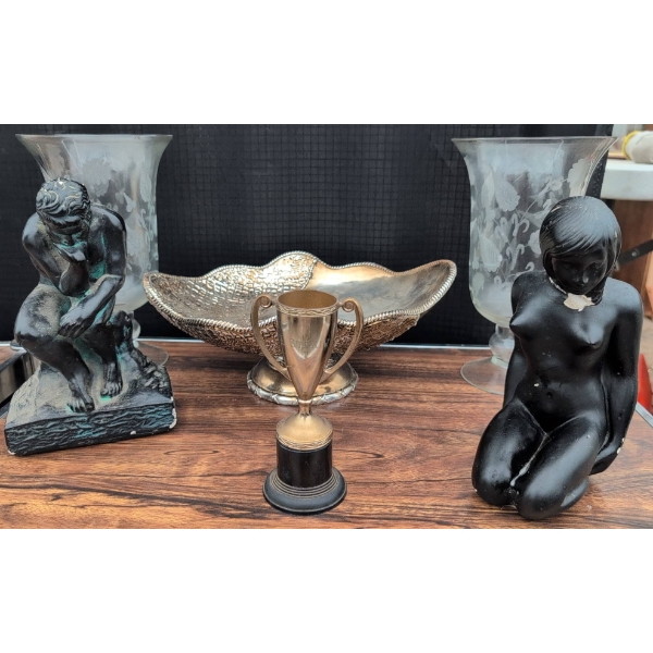Decor Lot: Statues, Glass Vases, Trophy
