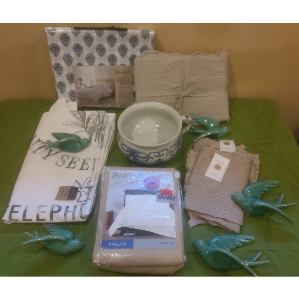 Home Linen Lot With Chamber Pot, Ceramic Birds, Duvet Sets, Towels