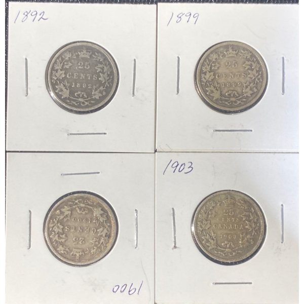 1892, 1899, 1900, and 1903 92.5% Silver Quarters 5.81 Grams Each