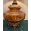 Image 4 : Vintage Mid-Century Iridescent Carnival Glass Table Lamp w/ Brass Base (14x28"tall)