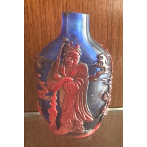 Chinese Carved Overlay Glass Snuff Bottle - Peking Glass - Antique - 2.5"Tall