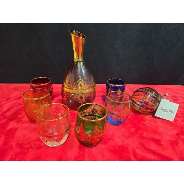 Glass Eye Studio Blown Glass with Gold Trim Wine Decanter