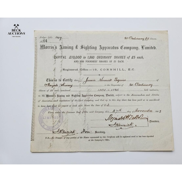Vintage Stock Certificate For Morris's Aiming & Sighting Apparatus Company, Limited