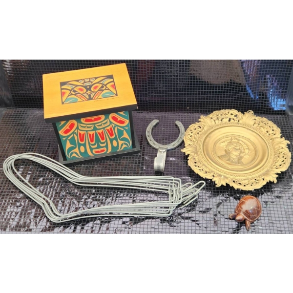 Artist Wooden Box with Decorative Plate, Sock Hangers, Horse Shoe Hook, Wooden Turtle