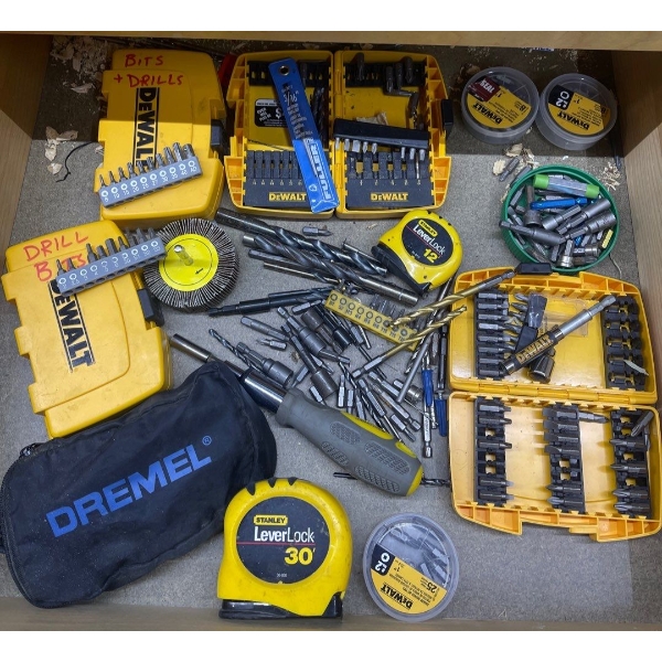 Various Tools & Accessories- DeWalt Branded Items, Tape Measure, Dremel Bag & More