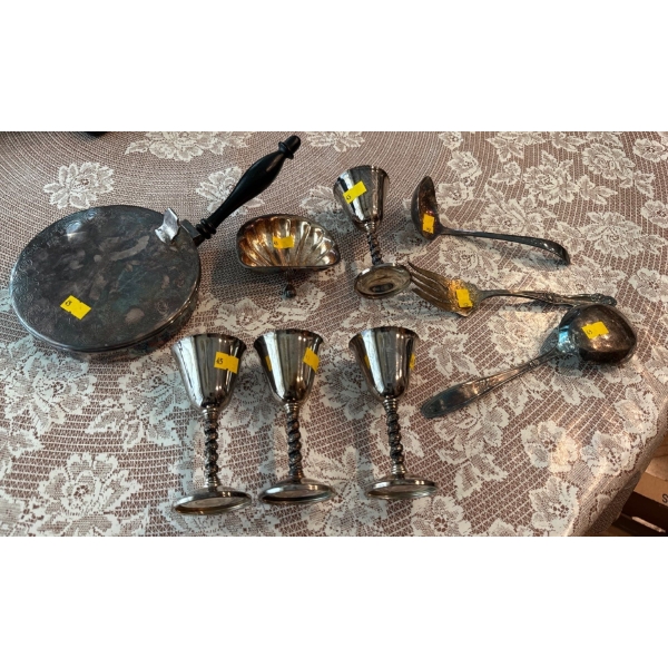 Copper Silver Plated Crumb Catcher, Brass Goblets, 1847 Rogers Bros Spoon, and More! 