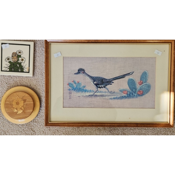Vintage Monte Roadrunner Painted Fabric 16 x 11, Wooden Flower Round 5" Diameter, Owl Tile 