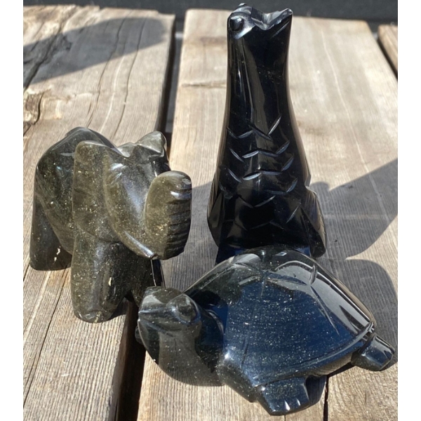 Small Hand Carved Black Obsidian Aztec Animal Sculptures 