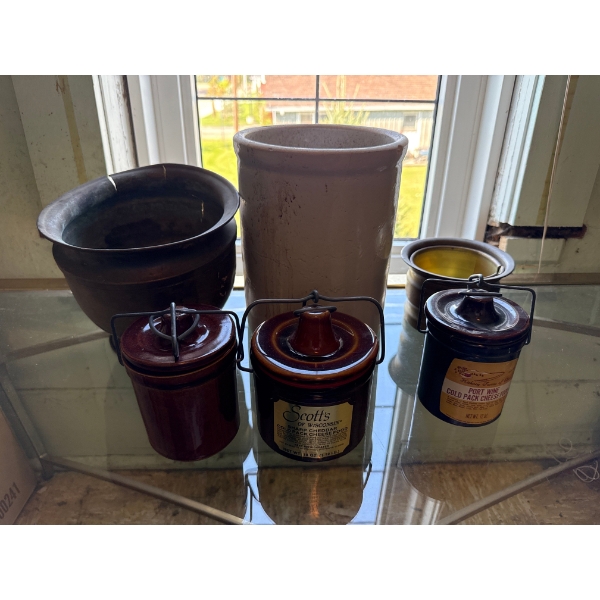 Ceramic Jars and Crockpot with Brass Bowls