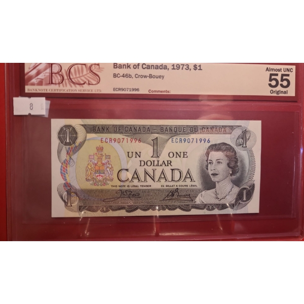 Certified Bank of Canada 1973- $1 Bill ECR9071996- BC-46b/ Almost UNC 55 Original 