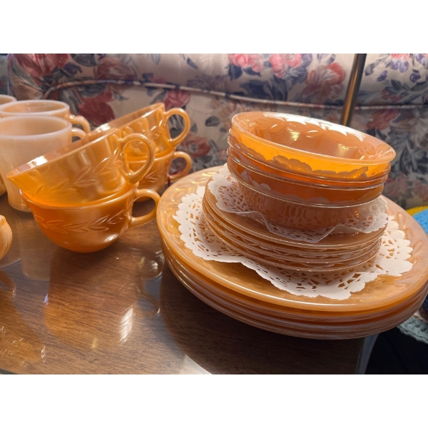  vintage Anchor Hocking Fire-King Peach Lustre 6 tea cups with matching plates and cream and sugar.