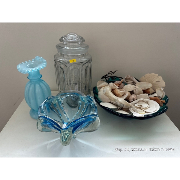 Decorative Glass Collection & Seashells for Bathroom Decor 