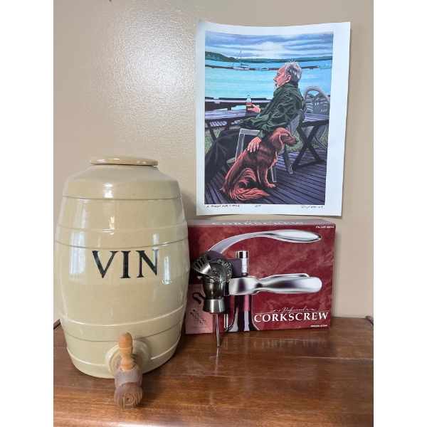Large wine keg with rabbit, corkscrew, and night pour spout with A Stray & His Dog painting by Richa