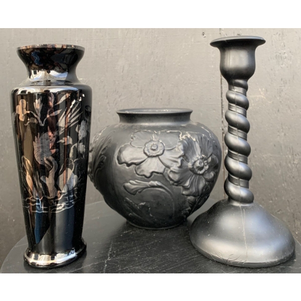 Tiffin Black Amethyst Satin Large Glass Vase & Amethyst Glass Bud Vase