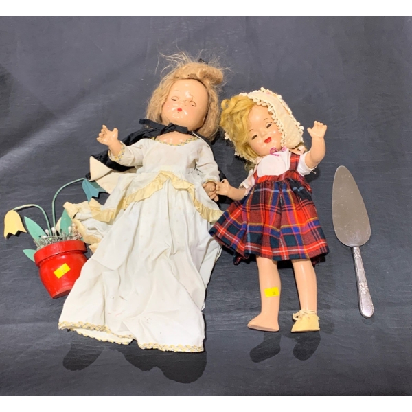 Set of 2 Lovely Antique Dolls, Cake Server, and Antique Sewing Items 