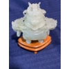 Image 1 : Intricately Craved Jade Incense Container on Wood Stands 3 inch H 