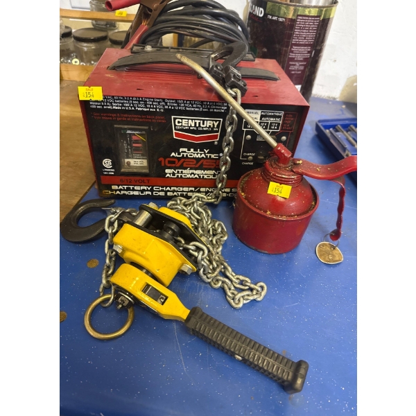 Car Owner's Essentials - Century Battery Charger w/ Antique Oil Can &  250 Kg. Lever Lock 