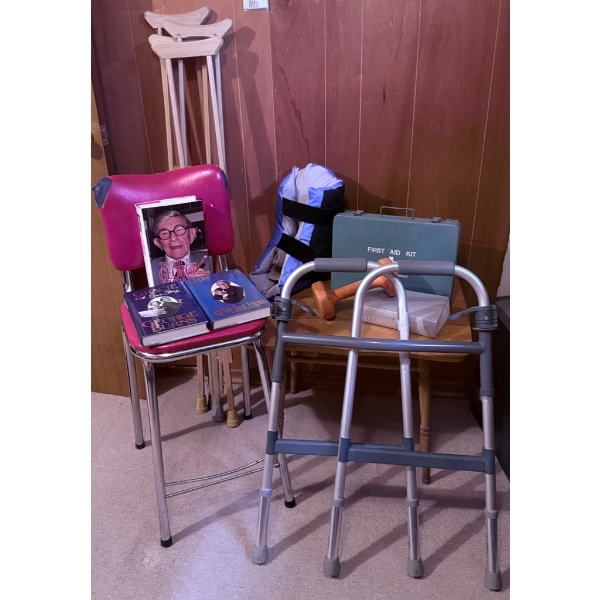Mobility Assistance Tools, First Aid Kit, and George Burns Books Lot