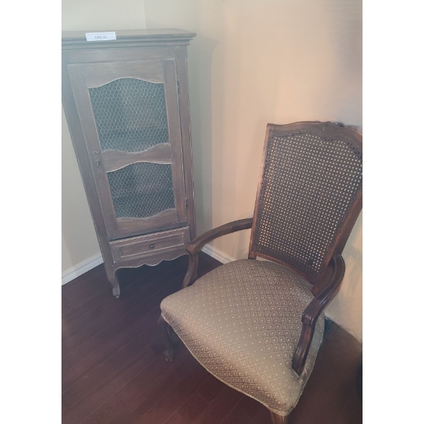 Lovely Wood Storage Cabinet w Chicken Wire 23w 52 h & Green Upholstered Armchair 24 w 40 h