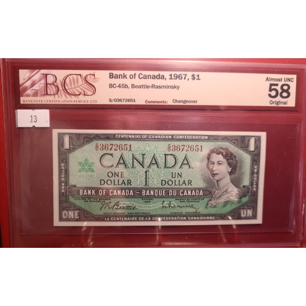 Certified Bank of Canada 1967- $1 Bill S/O3672651- BC45-b/ Almost UNC 58 Original
