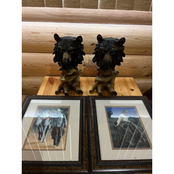 two cowboy framed prints 14x 13 with two bear sculptures 13” height .cow