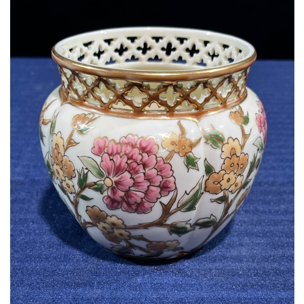 Vintage Zsolnay Pierced Rim Gold Trim Vase from Hungary 4H
