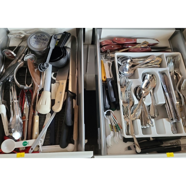 Contents of Drawers: Cooking Utensils (Measuring Spoons/ Cups, Knives and More!) and Silverware 