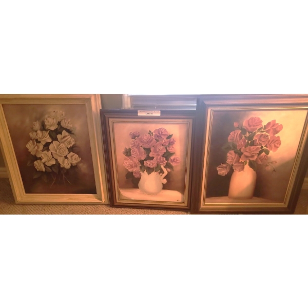 Trio of Rose Paintings.  White Frame 21 1/2 w 25 1/2 h