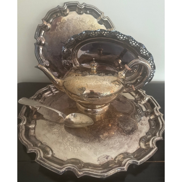 Vintage BIRKS Sterling Teapot w/ EP Silver Trays & Unstamped Serving Spoon 